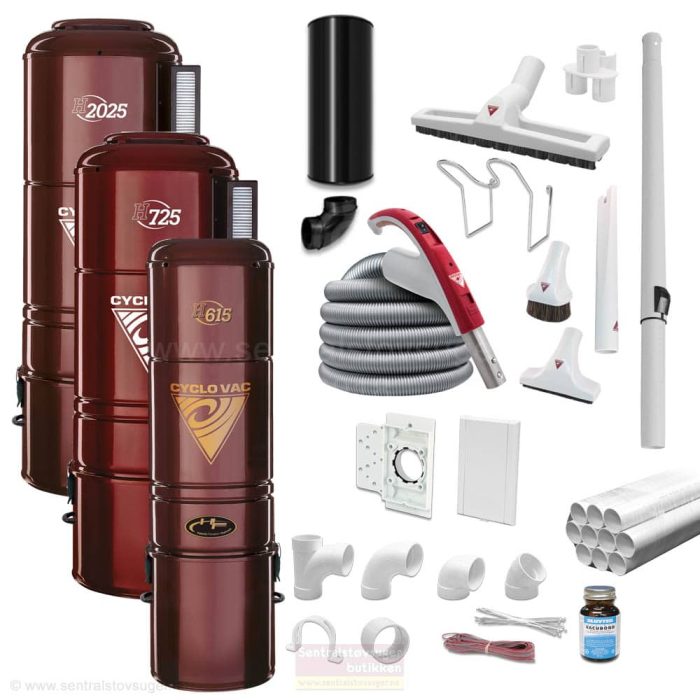 Cyclo Vac sentralstøvsuger komplett med slangesett og rørpakke - Pakketilbud med valg av modell og tilbehør